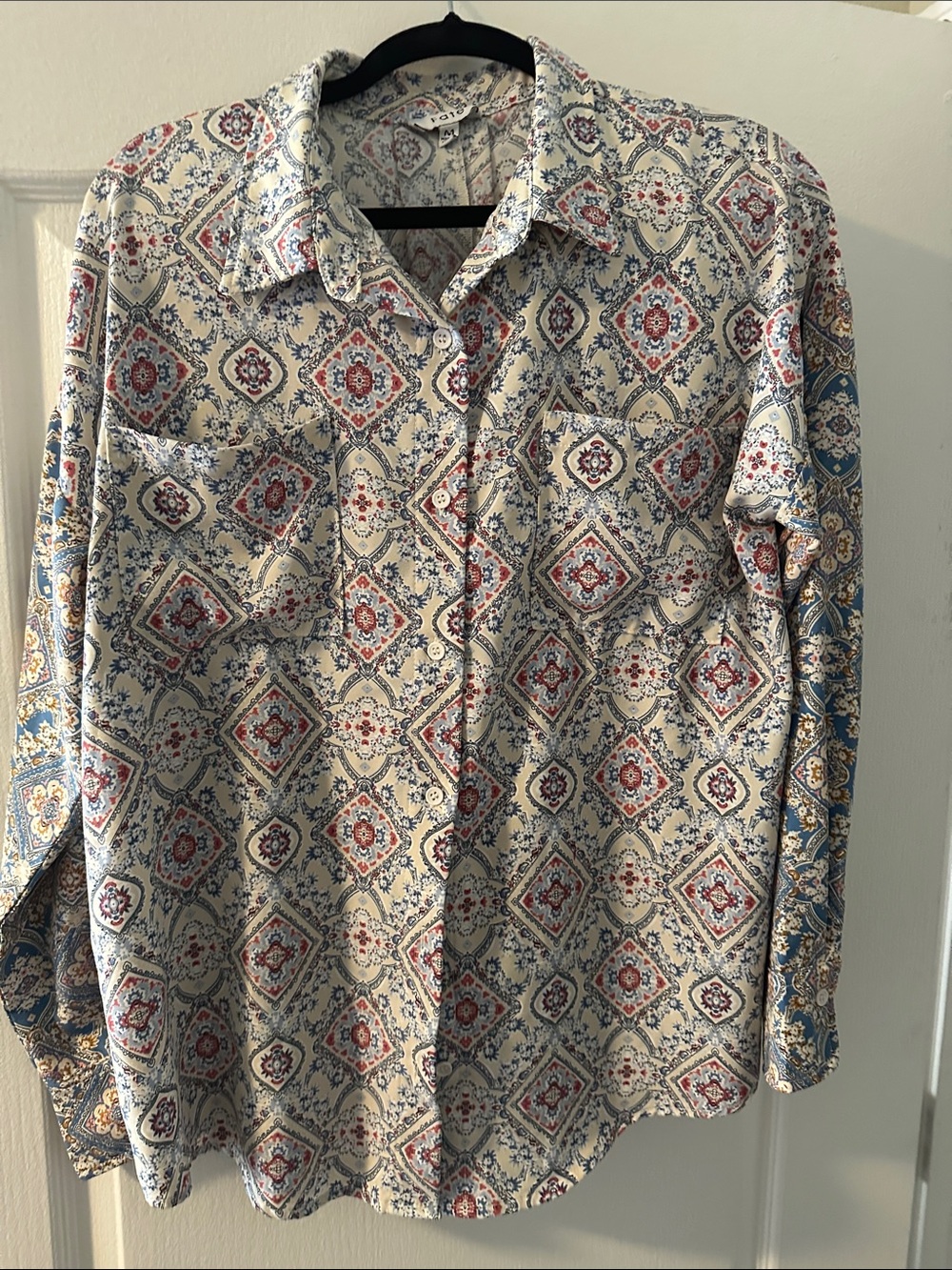 Fate Cream Printed Button-Front Blouse with Red & Blue Medallions